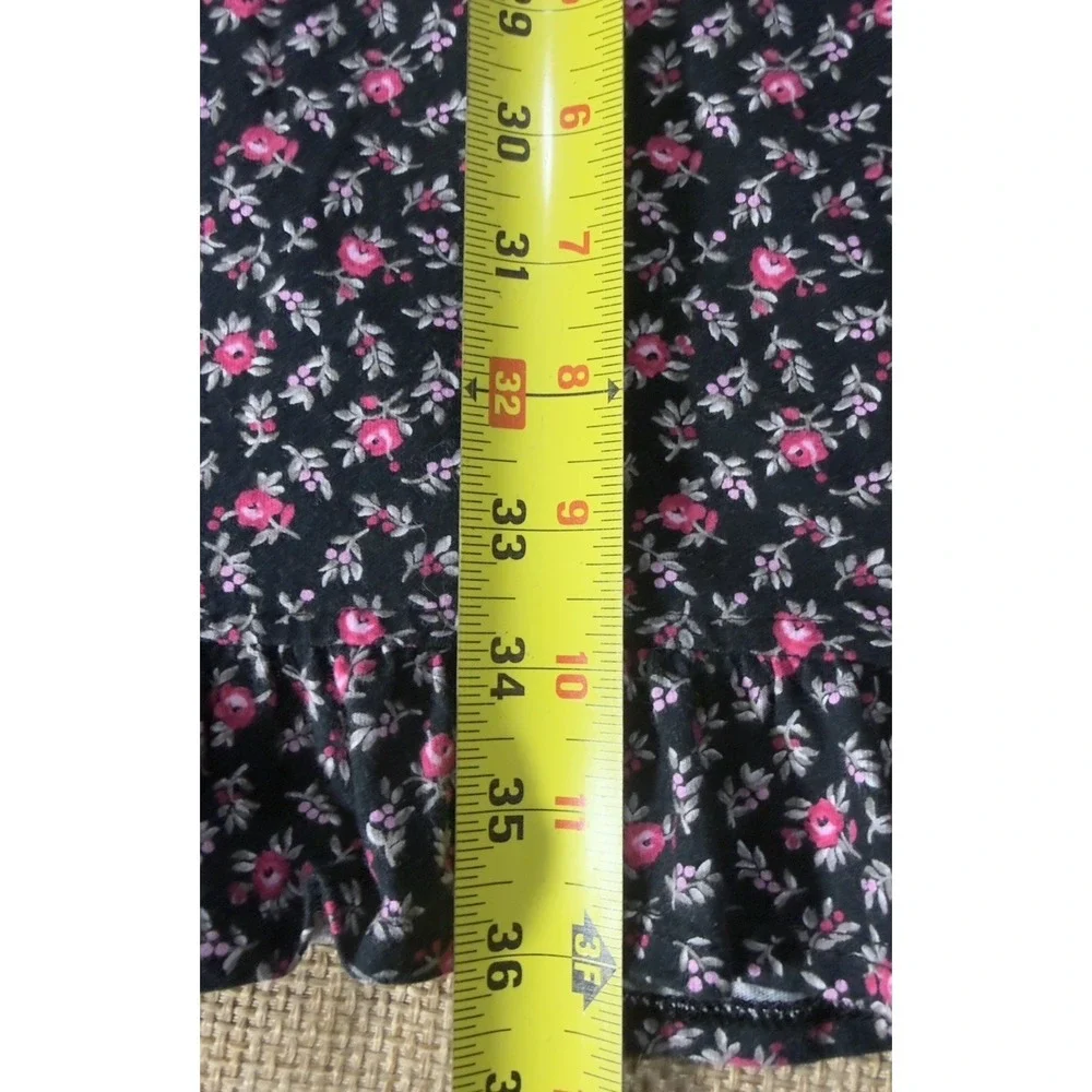 Eileen West Nightgown Womens Large Black Floral Long Sleeve Button‎ Lace Flannel